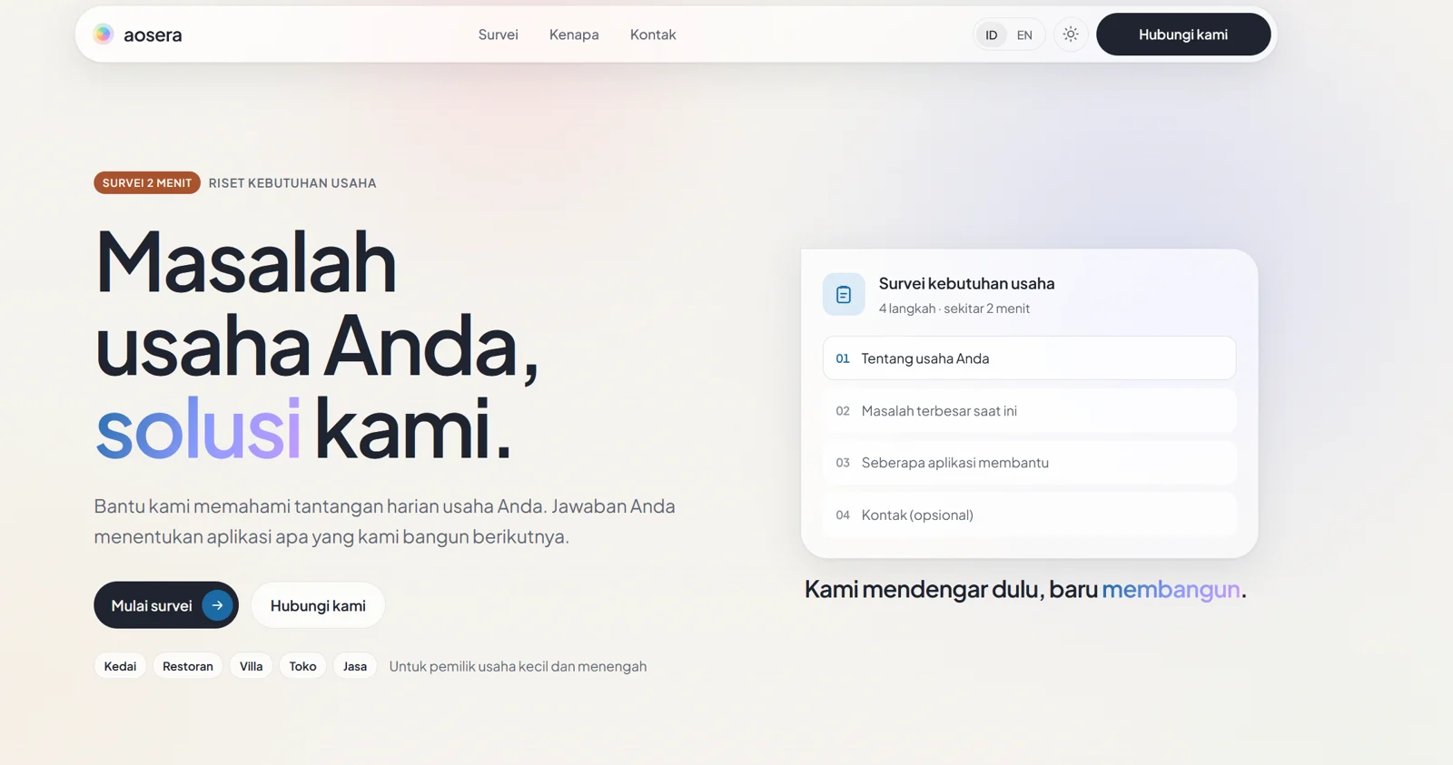 Halaman survei kebutuhan bisnis aosera